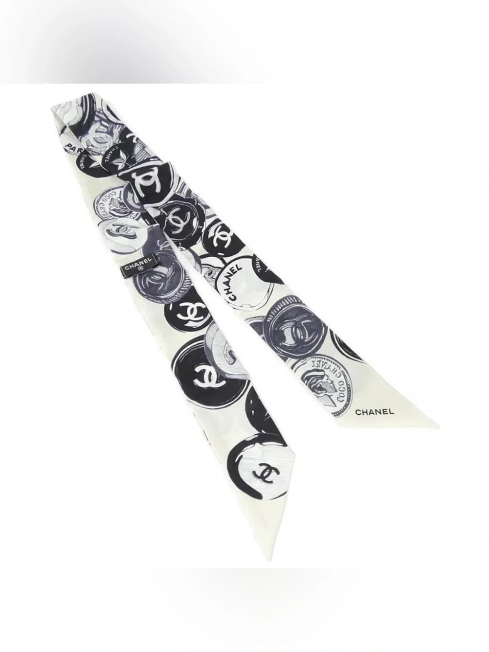 ChaneI. Ivory and Black Logo CoinTwilly , Hair, Muffler Scarf 100% Silk